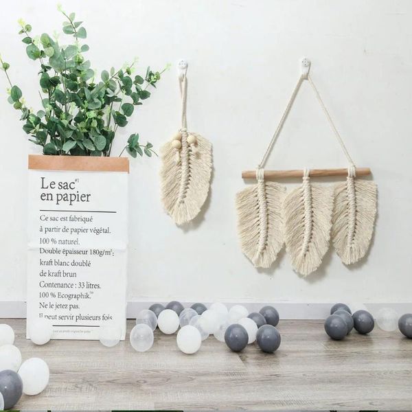 Arazzi 2 pezzi Macrame Leaf appeso a parete arazzo tessuto a mano ciondolo piumato stile bohemien Boho decorazione della casa di nozze