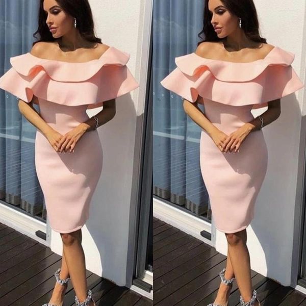 Partykleider Erröten Rosa Mantel Heimkehr Schulterfrei Rüschen Rüschen Knielang Cocktail Kurzes Ballkleid Kleider