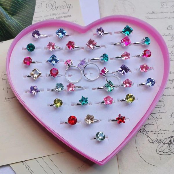 Кольца кластера, 36 шт./кор., детские милые квадратные сердечки с круглыми звездами и кристаллами, игрушки принцессы, ювелирные изделия, подарочная коробка на палец