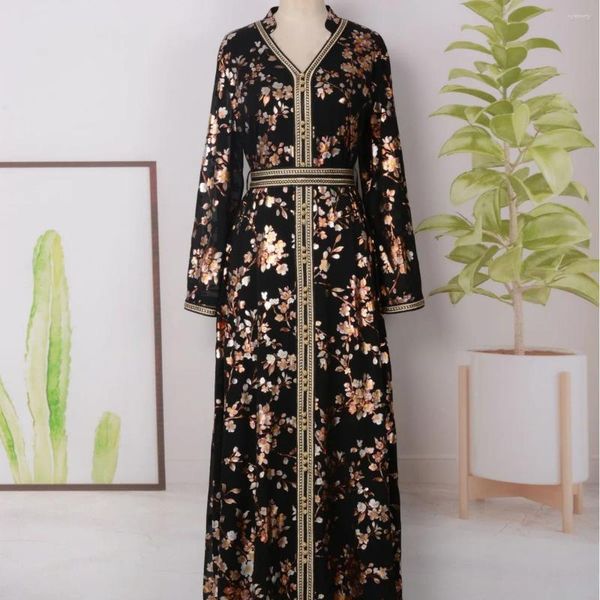 Abbigliamento etnico Abaya Donna Dubai Medio Oriente Caftano Leggero e fresco stampato in seta simulata con paillettes ricamato Abito lungo con bottoni