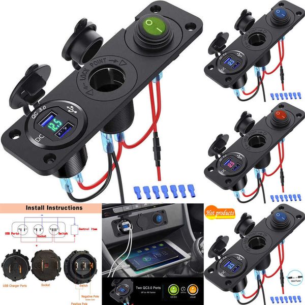 2024 dupla qc3.0 isqueiro tomada usb carregador de carro interruptor do painel à prova dwaterproof água 12v duplo usb carregador adaptador alimentação