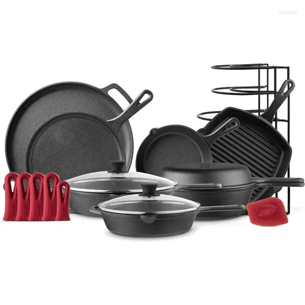 Kochgeschirr-Sets, Gusseisen-Set, 20,3 cm Pfanne, 25,4 cm, 30,5 cm Pfannen mit Deckel, Grillpfanne, Multi-Kocher, flache Grillplatte, Pizzaregal, Organizer