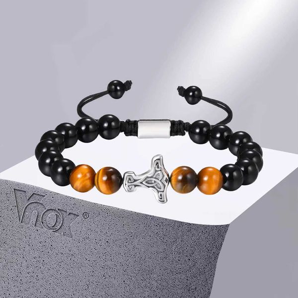 Corrente Vnox Viking Mjolnir Pulseiras para Homens Meninos Rock Punk Thors Martelo Pulseira com Olho de Tigre Contas de Pedra Comprimento Ajustável Q240401