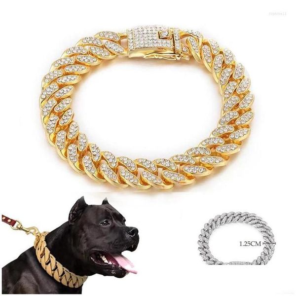 Collari per cani Guinzagli Collare a catena per gatti con diamanti Materiale metallico di lusso 1,25 cm di larghezza Perro Rap Hip Hop Forniture di gioielli per animali domestici cubani Dr Dh70K