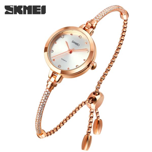 Componentes Skmei Brand Bracelet Design Small Dial Welt Watches for Women With Rose Gold Copper+Steel Band Lady Watches Reloj Mujer