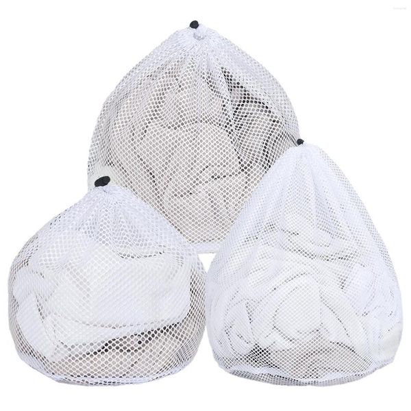 Bolsas de lavanderia 3pcs malha grossa delicados viajam com cordão de picada de poliéster Máquina de lavar sweater Durable White Bag Saco de armazenamento de brinquedos