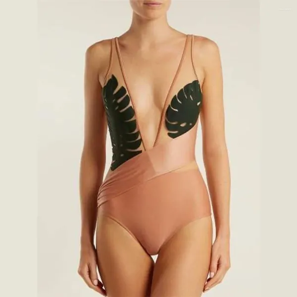 Costumi da bagno da donna Costumi da bagno interi sexy a V profondo con foglie Bikini stampato con ritaglio Backless da donna 2024 Abiti da spiaggia per abbigliamento da surf femminile