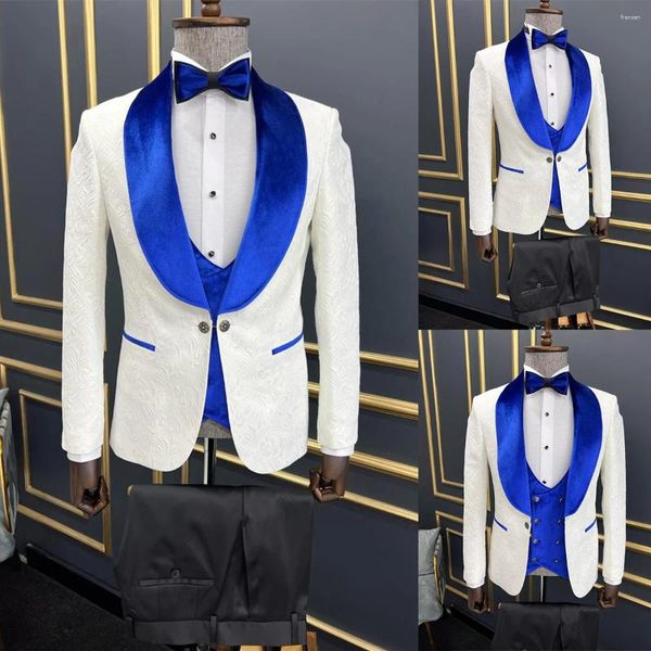 Ternos masculinos sob medida 3 peças moderno jacquard blazer colete calças pretas um botão azul veludo pura lapela personalizado mais tamanho