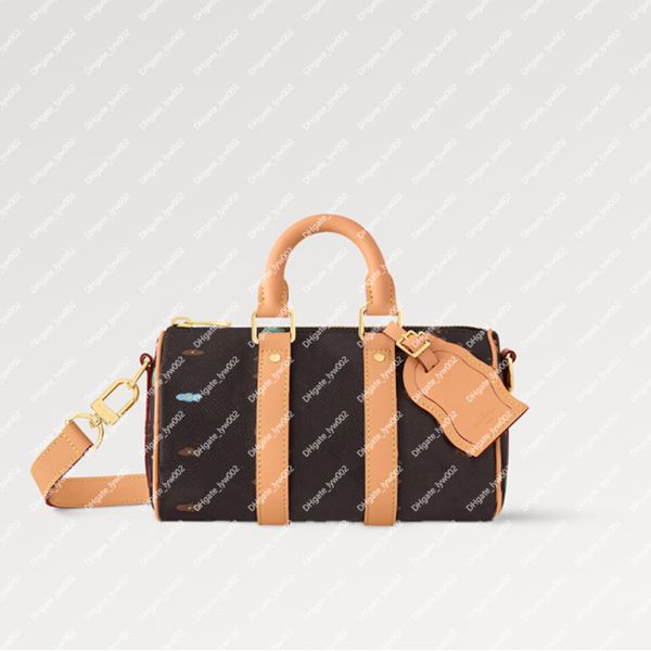 Explosion hot Keepall Bandoulier e 25 da donna M24849 Cioccolato Tela rivestita Craggy Chiusura con zip Scomparto principale Etichetta con nome ondulato Top con margherite colorate disegnate a mano