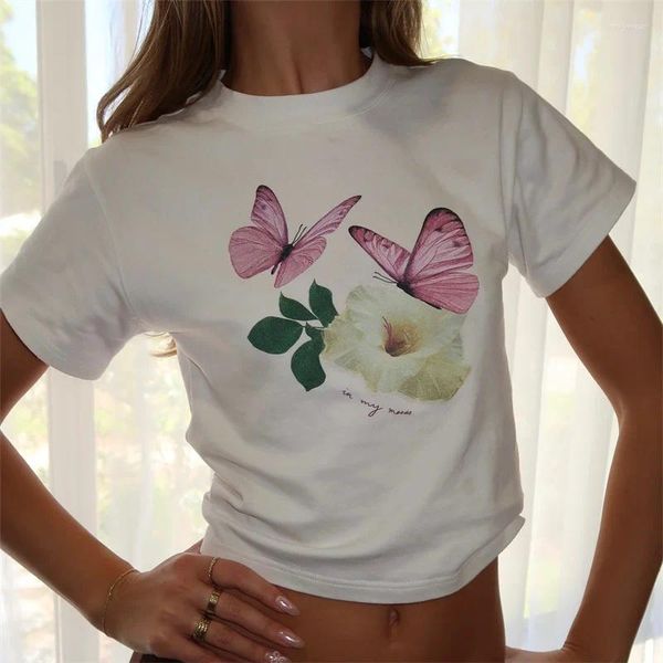 Damen T-Shirts Damen Y2k Grafikdruck Crop Tops Süße Kawaii Rundhals Kurzarm T-Shirts E-Girls Teen Sommerkleidung Streetwear
