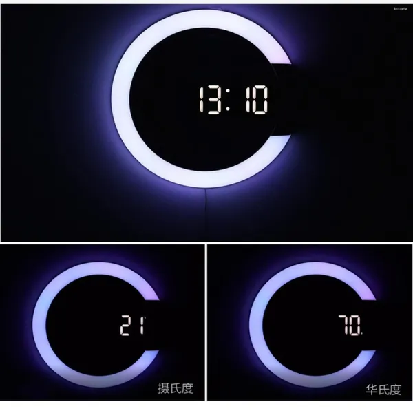 Relógios de mesa lâmpada de parede coloc controle remoto colorido led espelho oco relógio anel luz alarme digital