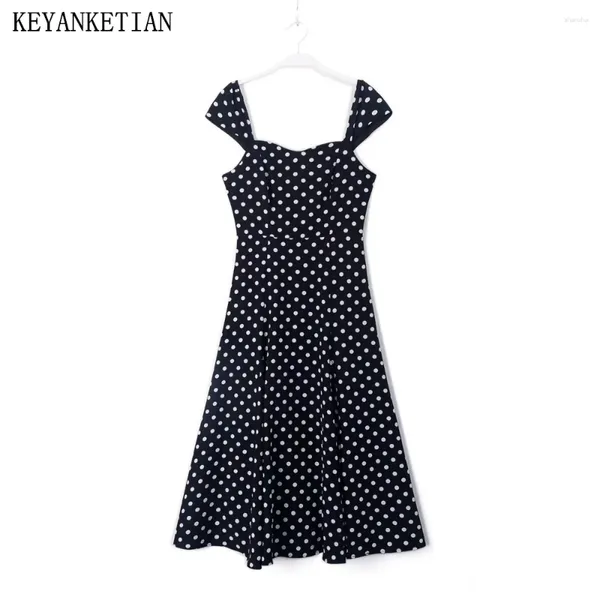 Abiti casual KEYANKETIAN Abito da donna con stampa a pois Stile francese estivo senza maniche Slim Nero Bianco con vita alta MIDI