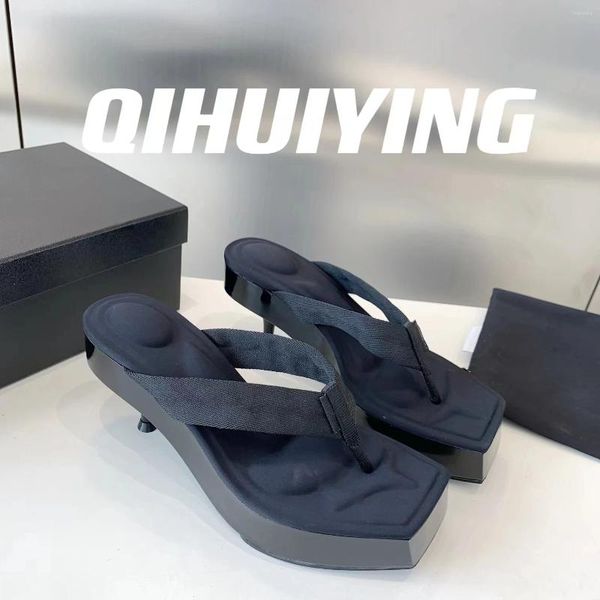 Chinelos 2024 Qihuiying Handmade Grosso Sole Flip-Flops Mulher Gatinho Salto Slides Ao Ar Livre Mules Sapatos Zapatos de Mujer