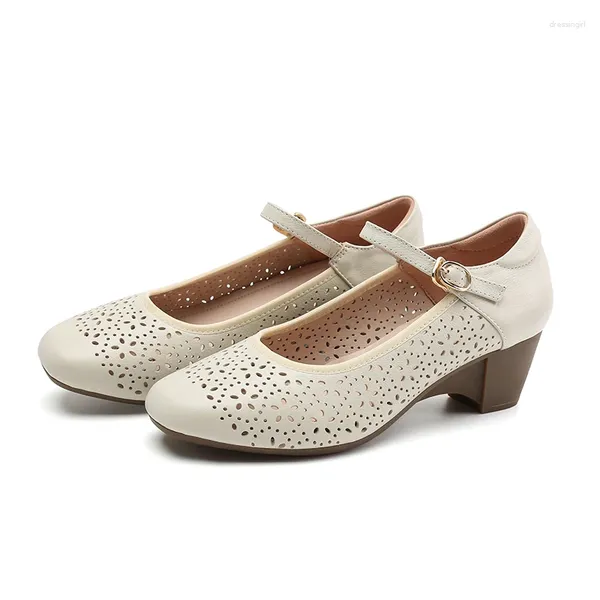 Sapatos de vestido oco respirável verão branco couro saltos médios senhoras lolita mary jane mulher elegante bombas de barco feminino