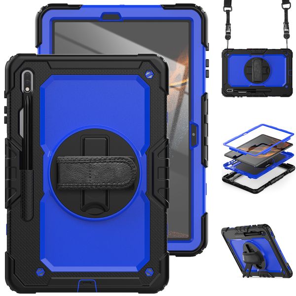 Custodia con cinturino da polso con supporto girevole a 360° per Samsung Galaxy Tab S8 + S8 Plus 12,4 pollici S7 fe Custodia protettiva per tablet con armatura ibrida Custodie antiurto per bambini con pellicola per schermo in PET