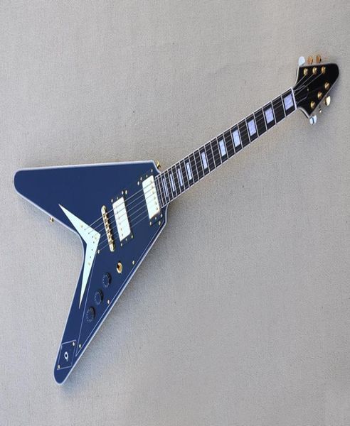 Chitarra elettrica Factory Flying V nera con corpo e manico in mogano Hardware dorato, tastiera in palissandro personalizzabile2035589