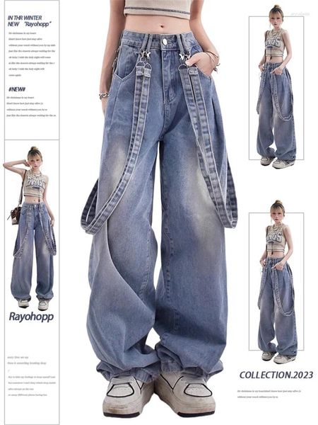 Jeans femininos jrjl solto azul para mulheres 2024 moda vintage suspensórios cintura alta casual reto comprimento total perna larga