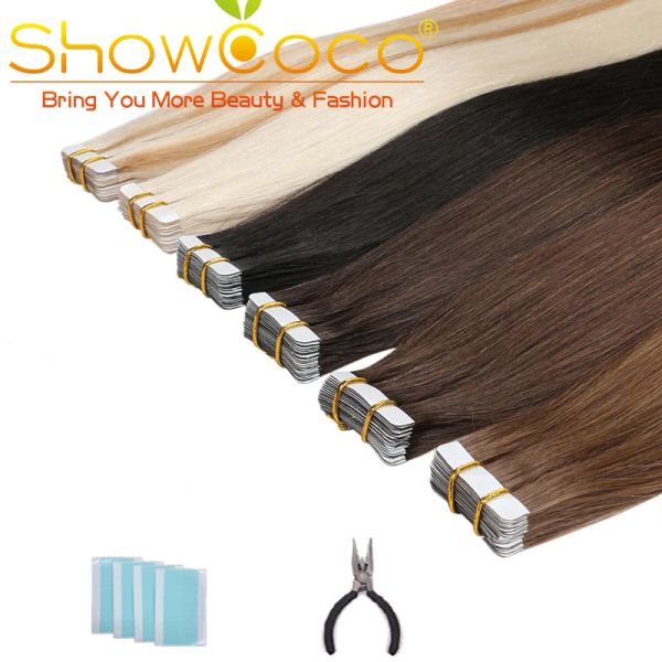 Extensões showcoco fita no cabelo humano 40 pçs adhensive 100% remy cabelo reto 1624 Polegada extensões de fita natural invisível