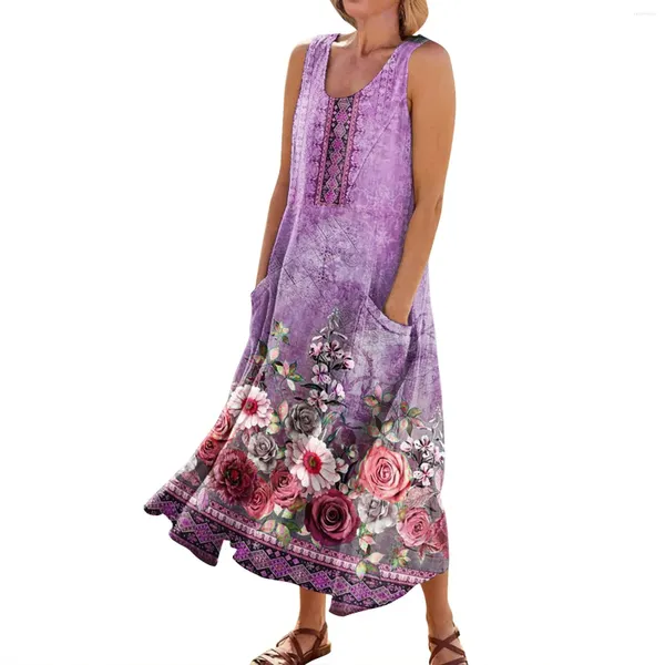 Lässige Kleider 2024 Sommer O Hals ärmellos Outdoor Rüschen Boho Swing gelbes Kleid 80er Jahre Fancy für Frauen Mädchen Up Kostüme