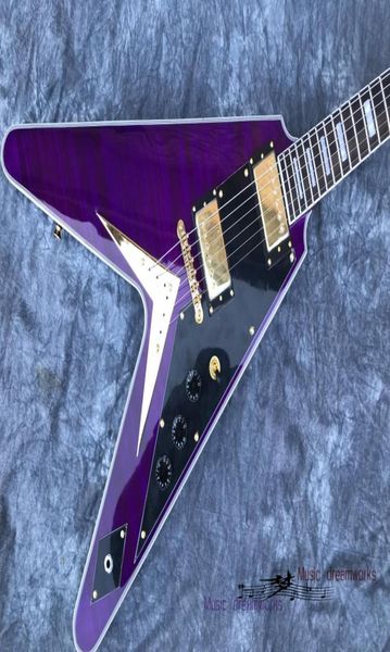 Chitarra elettrica personalizzata a forma di V volante viola con l'intero nuovo marchio 2020, corpo e manico in mogano, personalizzabili4467656