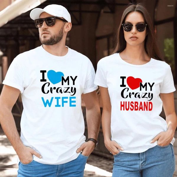 Kadınlar Tişörtüm Çılgın karımı seviyorum Kocam Kadın Erkekler Çift T-Shirt Kısa Kol O boyun yaz Komik Grafik Üstler Tee Sevgililer