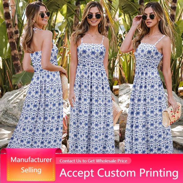 Abiti casual Beach Maxi Summer Fashion Halter Lace Up Abiti Blu Backless Print Dress Donna Sexy Boho Long