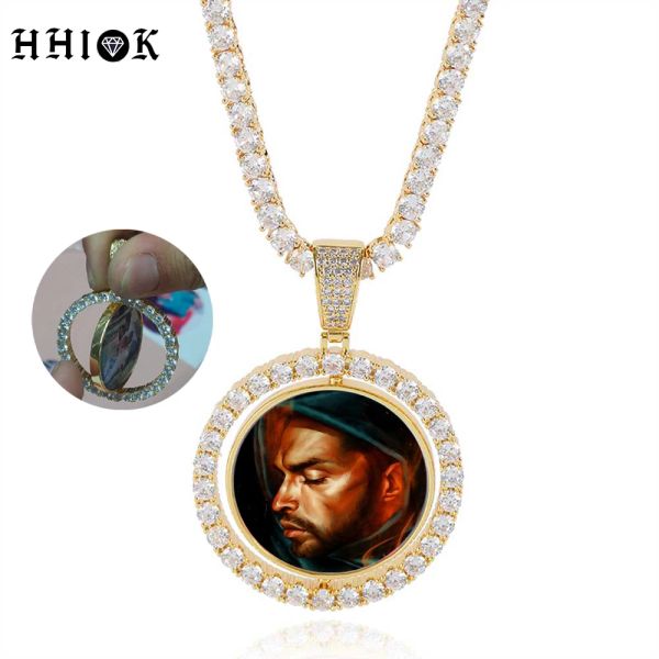 Halsketten Hip Hop Double Side Round Rotating Memory Photo Custom Pendant Necklace Round Drehen Picture Zircon Iced Out Bling Halskette