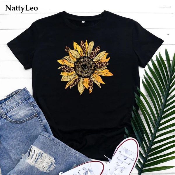 Damen-T-Shirts, Sommer-Sonnenblumen-Druck-T-Shirt, modisches Blumenhemd, Baumwolle, Damenbekleidung, O-Ausschnitt, kurzärmelig, Top, T-Shirt, Harajuku-T-Shirt