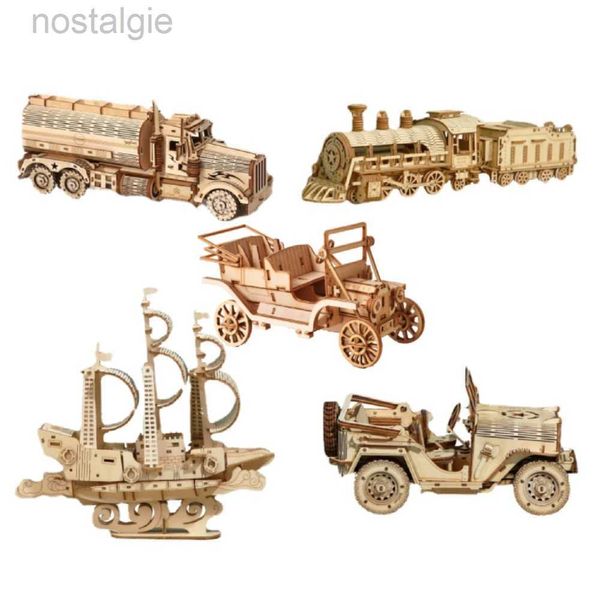 Blocos DIY Trem De Madeira Locomotiva Puzzles Brinquedos 3D Crianças Mecânica Montagem Educacional Crianças Navio Carros Caminhões Modelo Meninos Presente 240401