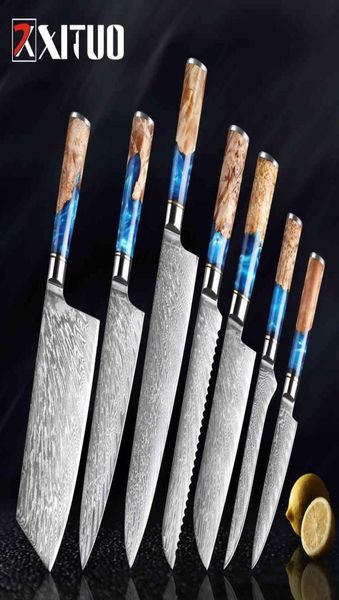 Xituo conjunto de facas de cozinha em aço damasco, faca de chef, utilitário para cozinhar pão, cabo de resina azul, 16 peças conjunto 9023782