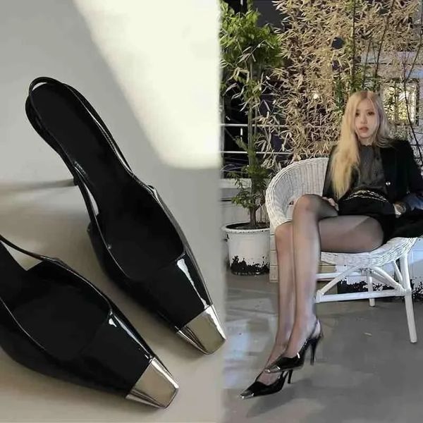 Karree-Sandalen mit dünnem Absatz, Lackleder, schwarze gewickelte Absätze, High Heels, Metallkappe, Temperament, matte Damen-Einzelschuhe 240322