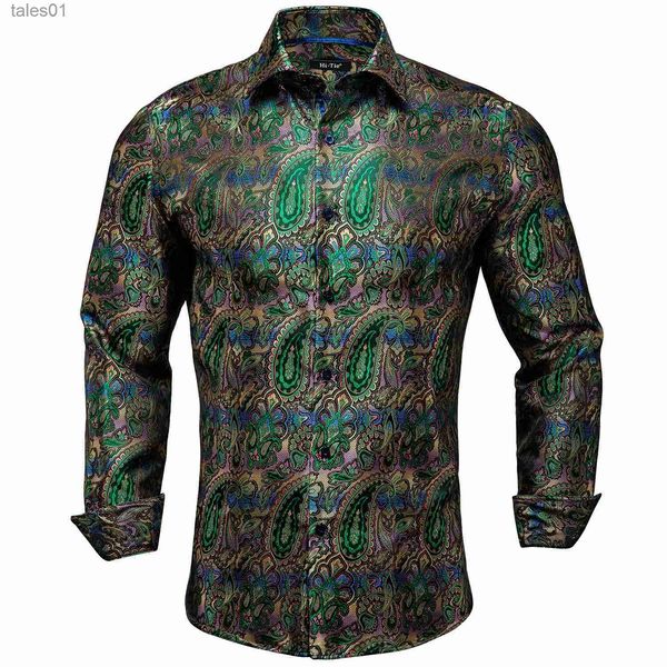 Homens Plus Tees Polos Hi-Tie Verde Roxo Seda Mens Camisas Paisley Floral Manga Longa Camisa Casual Para Homens Jacquard Masculino Negócios Festa Vestido de Casamento yq240401