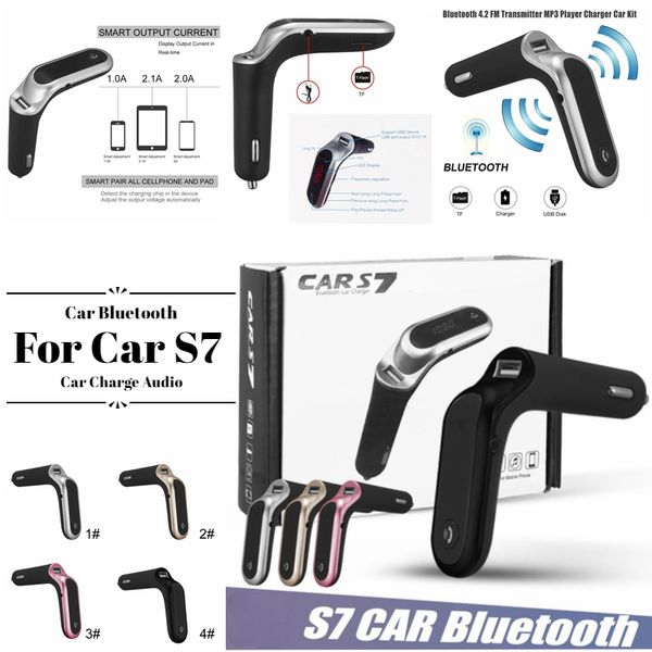 Trasmettitore FM Bluetooth per auto S7 Adattatore FM con caricatore per auto USB Lettore audio MP3 Supporto vivavoce Schede TF per cellulare universale in confezione piatta al dettaglio