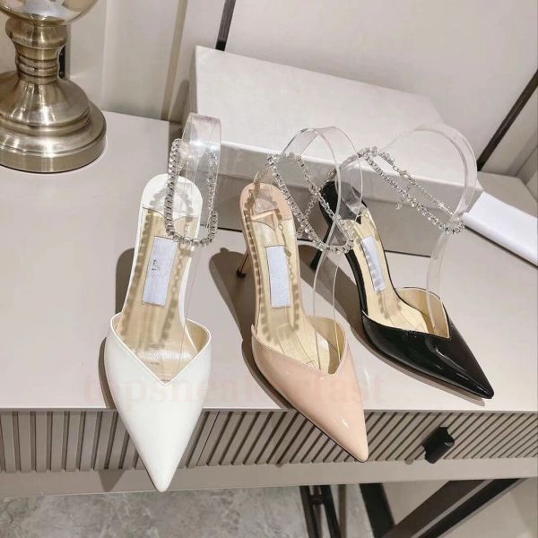 Scarpe da sposa di alta qualità Sandali firmati Scarpe eleganti da sposa Décolleté bianchi Sandalo Lady Tacco alto Donne di marca Cinturini alla caviglia in cristallo a punta Slingba JC