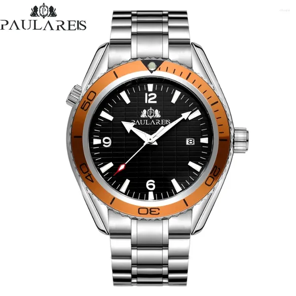 Armbanduhren Automatische Uhr für Männer Mechanische Edelstahlarmband Einfache Orange Blaue Lünette Datum Business Reloj Hombre Baratos