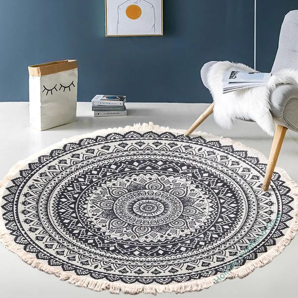 Tappeto in cotone e lino tessuto a mano Tappeto retrò bohémien rotondo da comodino Tappetino geometrico Soggiorno Decorazioni per la casa Boho Mandala Tappeto con nappe 240401