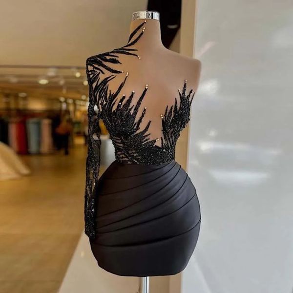 Schwarz Sexy Elegantes Kurzes Partykleid Eine Schulter Mit Langen Ärmeln Applikation Plus Größe Frauen Mini Cocktail Abendkleider Nach Maß 240401