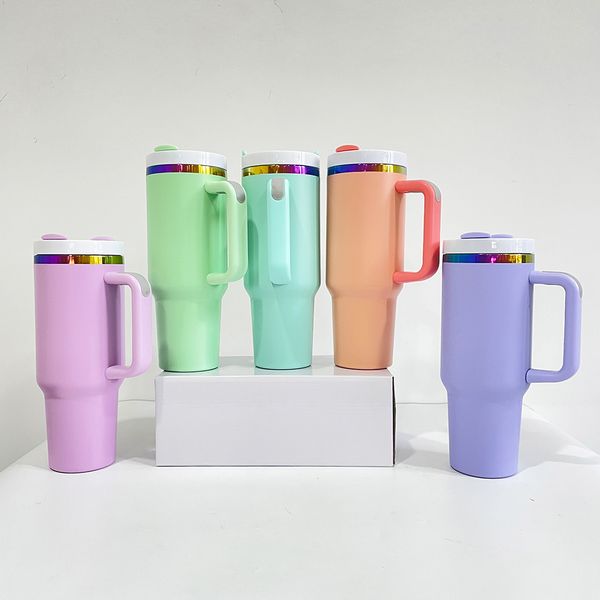 Magazzino USA 40 once caramelle macaron colore verniciato a polvere bicchiere inciso al laser vuoto Quencher thermos tazze da caffè da viaggio all'aperto bottiglia d'acqua con manico rimovibile