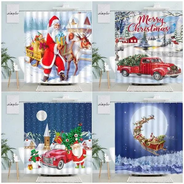 Tende da doccia Natale Divertente Babbo Natale Alce Rosso Camion Luna Paesaggio invernale Anno Tessuto Bagno Decor Set di tende da bagno