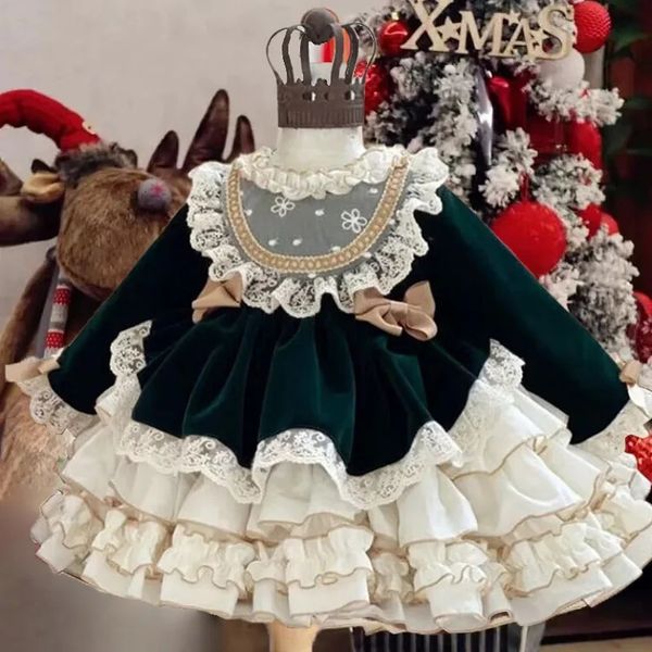 Карнавальное рождественское платье принцессы для девочек, милое кружевное вельветовое платье для малышей на первый день рождения, выпускной вечер 240318