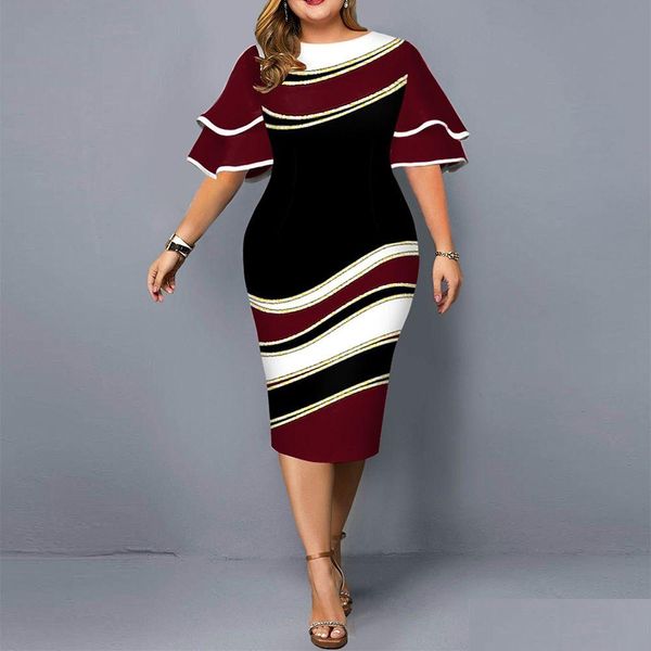 Plus Size Kleider Frauen Kleid Eleganter geometrischer Druck Abendparty Lässige geschichtete Glockenärmel Büro Bodycon Club Outfits Drop Delive Dhxzq