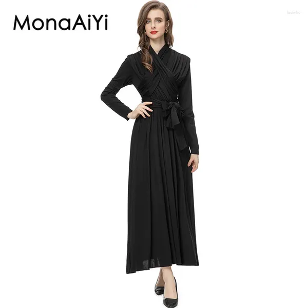 Lässige Kleider MonaAiYi Runway Fashion Designer Kleid Damen V-Ausschnitt Kreuz Faltengürtel Britischer Stil Elegant Schwarz Formal 2024
