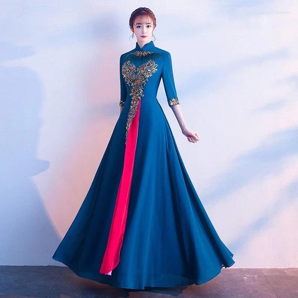 Etnik Giyim Seksi İnce Uzun Cheongsam Basit Zarif Retro Gelinlik Koro Performans Elbise Kadınlar Çince Geleneksel Artı Boyut