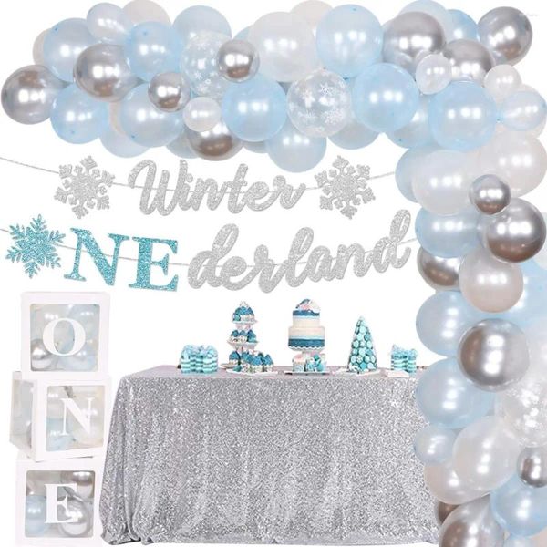 Partydekoration Winter Onederland 1. Geburtstag Dekorationen für Junge Mädchen Schneeflocken Zubehör Blau Silber Ballongirlande One Boxes