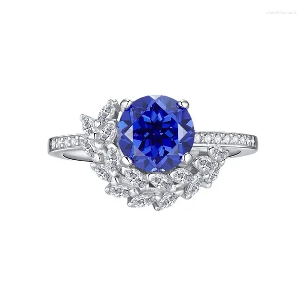 Cluster-Ringe 2024 S925 Silber Ocean Blue Treasure 8 mm runder Diamantring für Frauen in europäischer und amerikanischer Ins-Mode Vielseitig