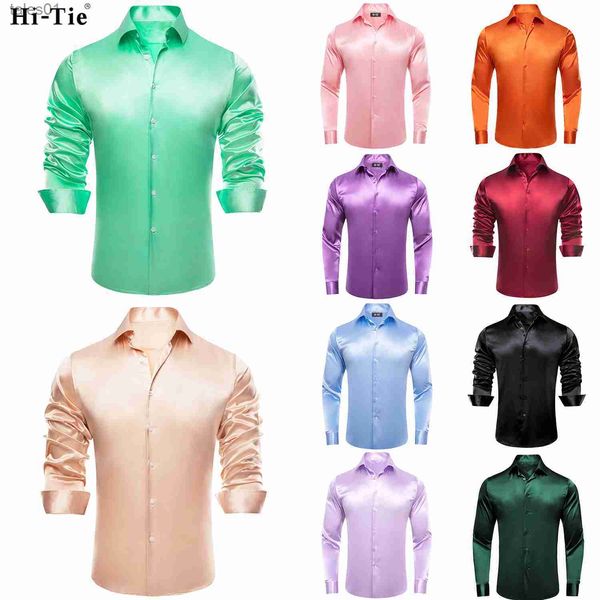 Erkekler artı tees polos hi-tie erkekler uzun kollu nane yeşil düz saten ipek elbise gömlek rahat resmi bluz gömlek lüks tasarımcı yaz erkek giyim yq240401