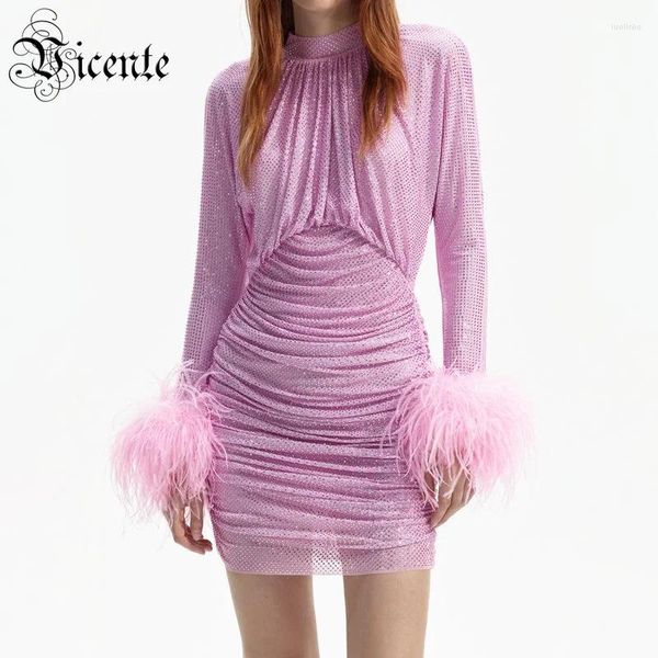 Abiti casual VC Abito corto rosa da ballo Donna Diamanti di lusso Maniche lunghe con fianchi avvolgenti in piuma Mini Mujer Vestido