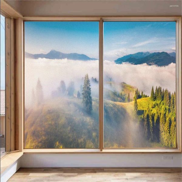 Adesivos de janela Filme de privacidade Misty Mountain View Padrão Fosco Porta de banheiro PVC Anti-UV Vidro aderente estático
