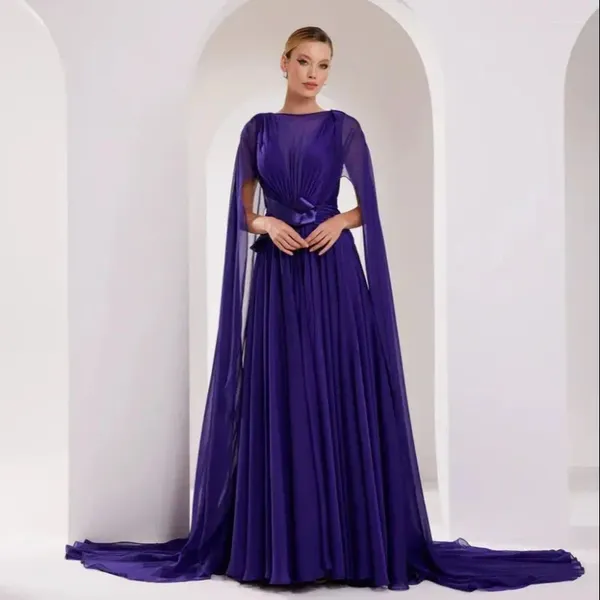 Parti Elbiseleri Mor Şifon Prom Pelerin Kollu Pleat Flowy Vestidos Novia Düğün Konuk Maxi Elbise Gelin Ünlü Elbise