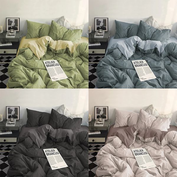 Yanyangtian conjunto de roupa de cama de algodão lavado conjunto de lençóis de quatro peças conjuntos de conforto sólido natal casal colcha capa 240329